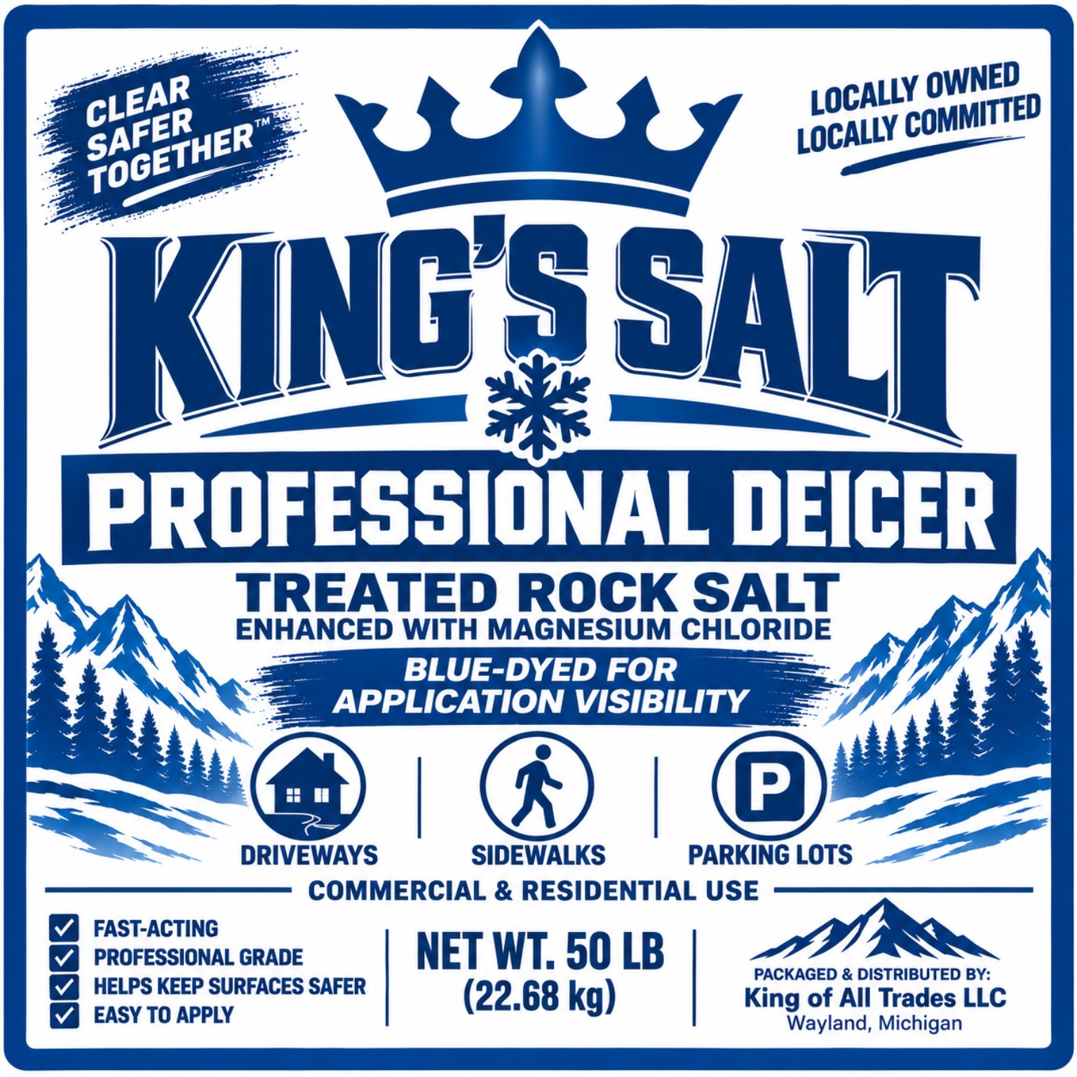 King’s Salt Professional Deicer treated rock salt brand label